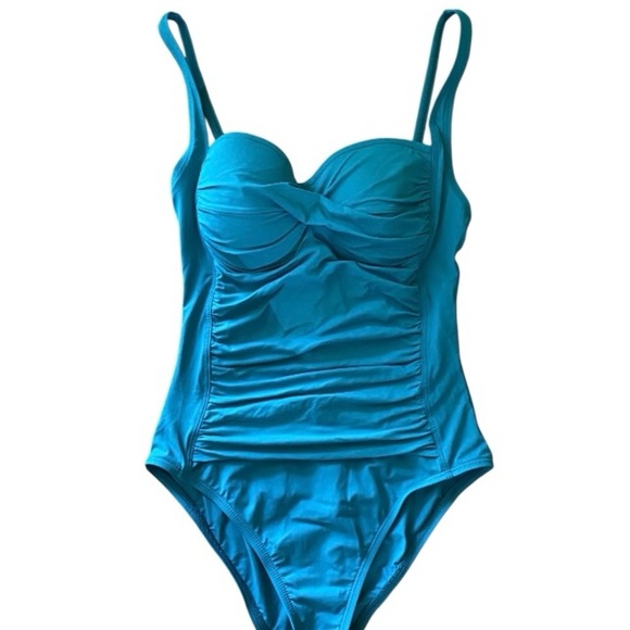 La Blanca Island Goddess Shirred Twist Turquoise One Piece Swimsuit sz 6 - Picture 3 of 9